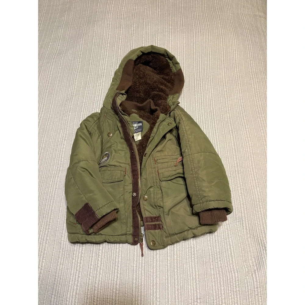 OshKosh Bgosh Boys Olive Green Faux Fur Lined Puffer Jacket Coat Size 5